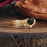 Vintage Botanical 4-Prong Round Cut Natural Black Onyx Ring Set